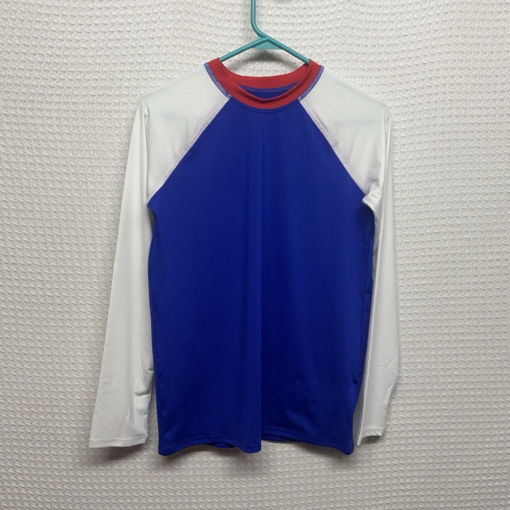 Lands End Women's XL 14-16 Blue‎ White Raglan Long Sleeve Rash Guard Swim Shirt